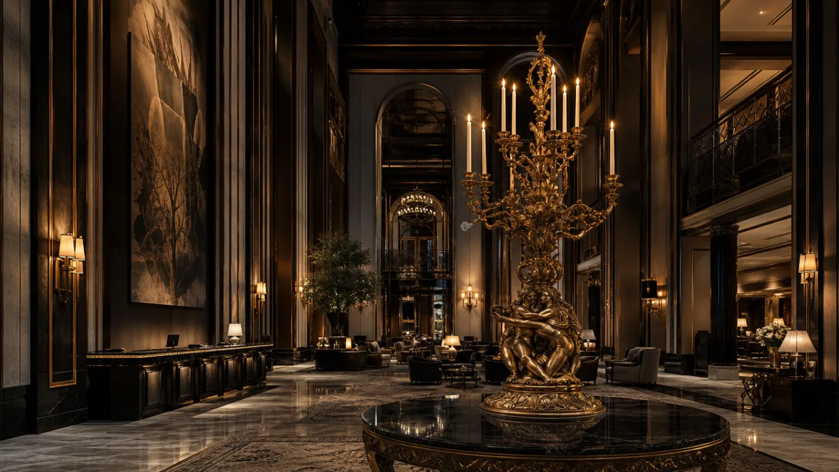 a luxurious hotel lobby interior with dramatic tall ceilings, moody atmospheric lighting,…