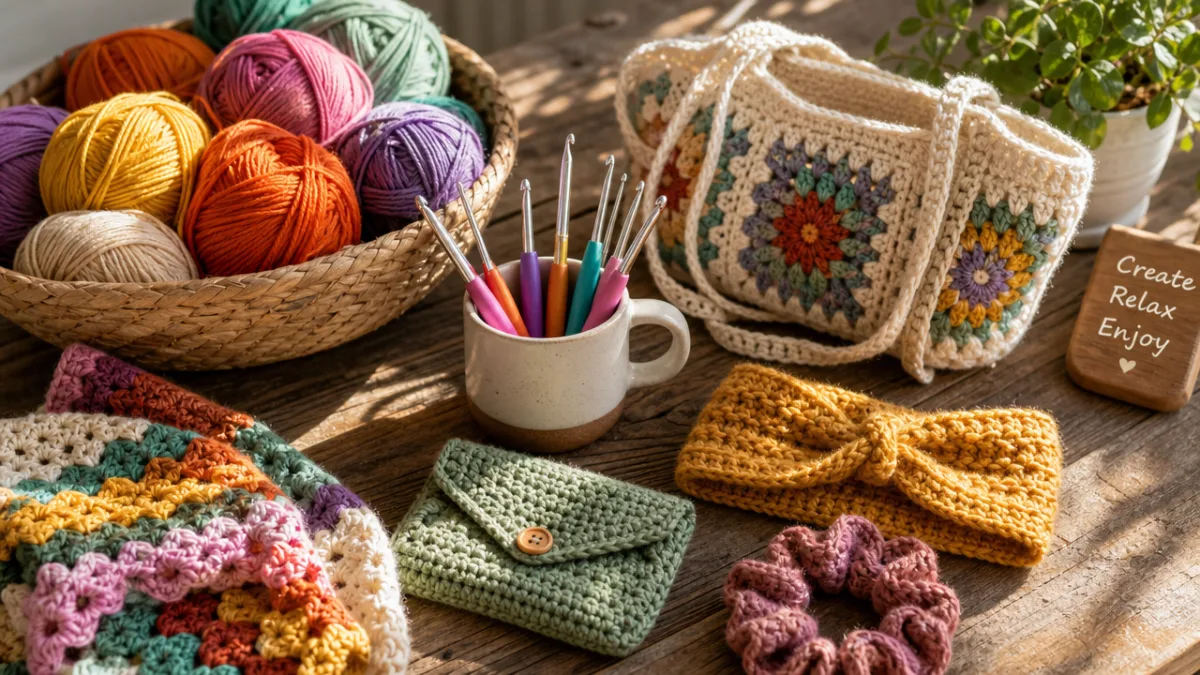 a rustic wooden table with colorful yarn balls, crochet hooks, and finished…