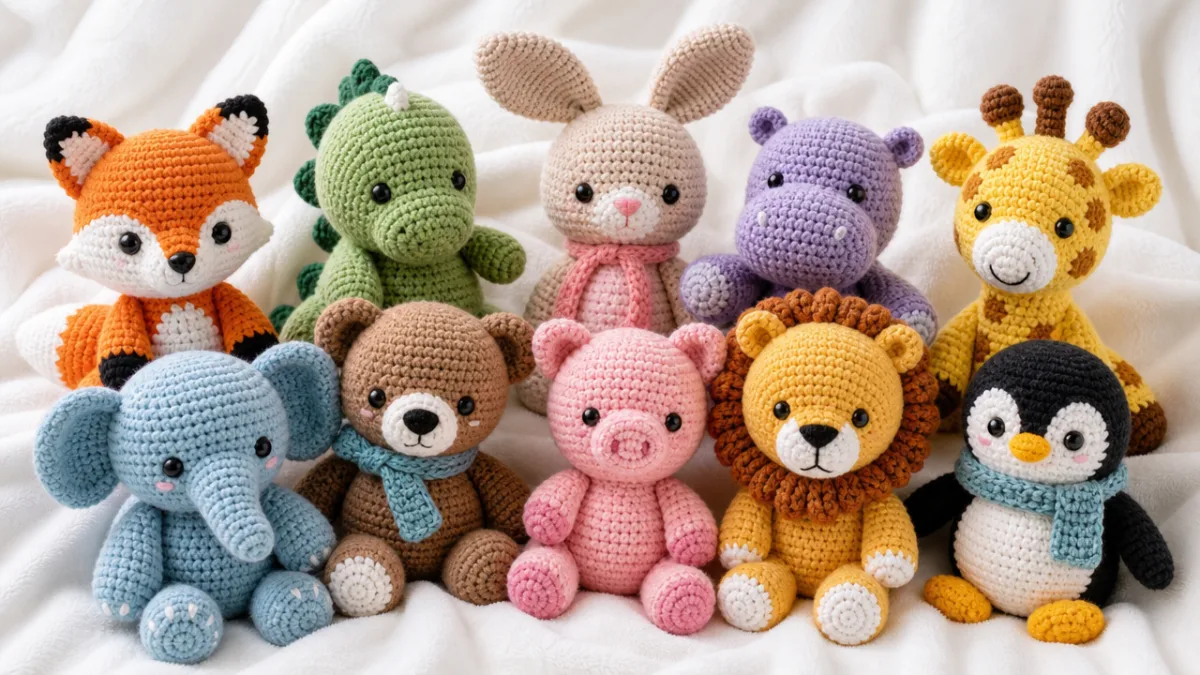 a collection of colorful handmade amigurumi stuffed animals arranged on a soft…