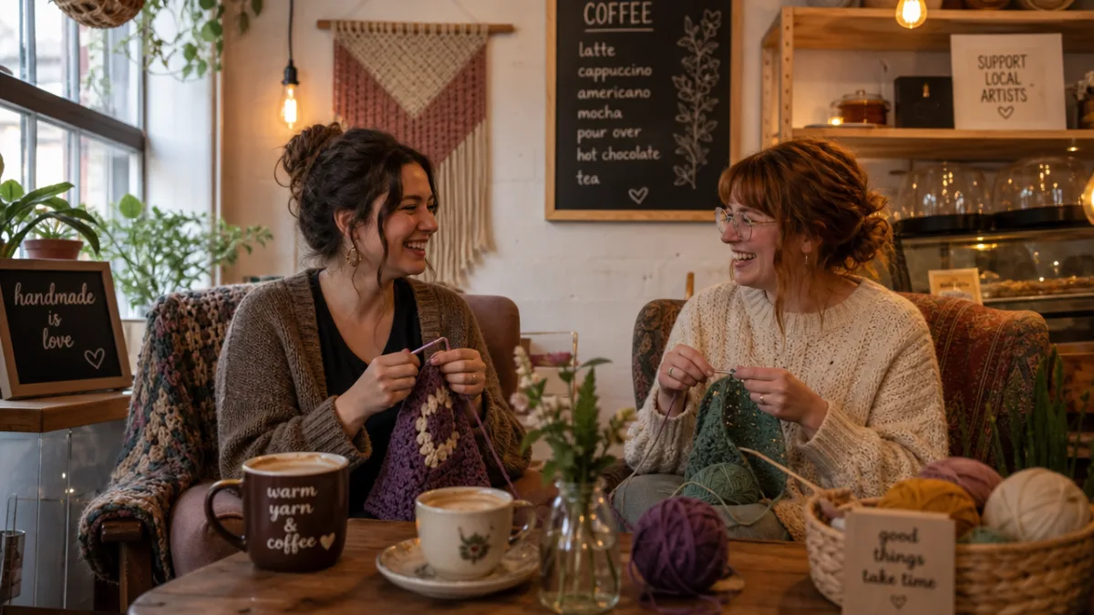 a cozy coffee shop corner with two women happily crocheting together, warm…