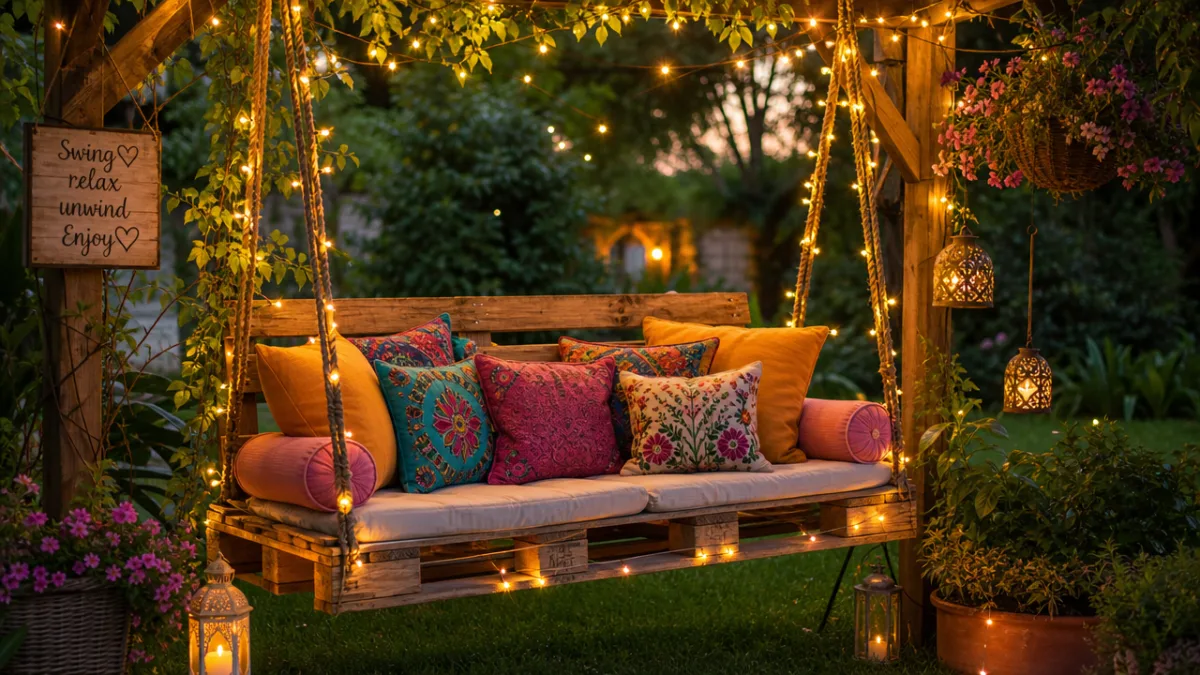 a beautifully decorated pallet garden swing with fairy lights and colorful cushions…
