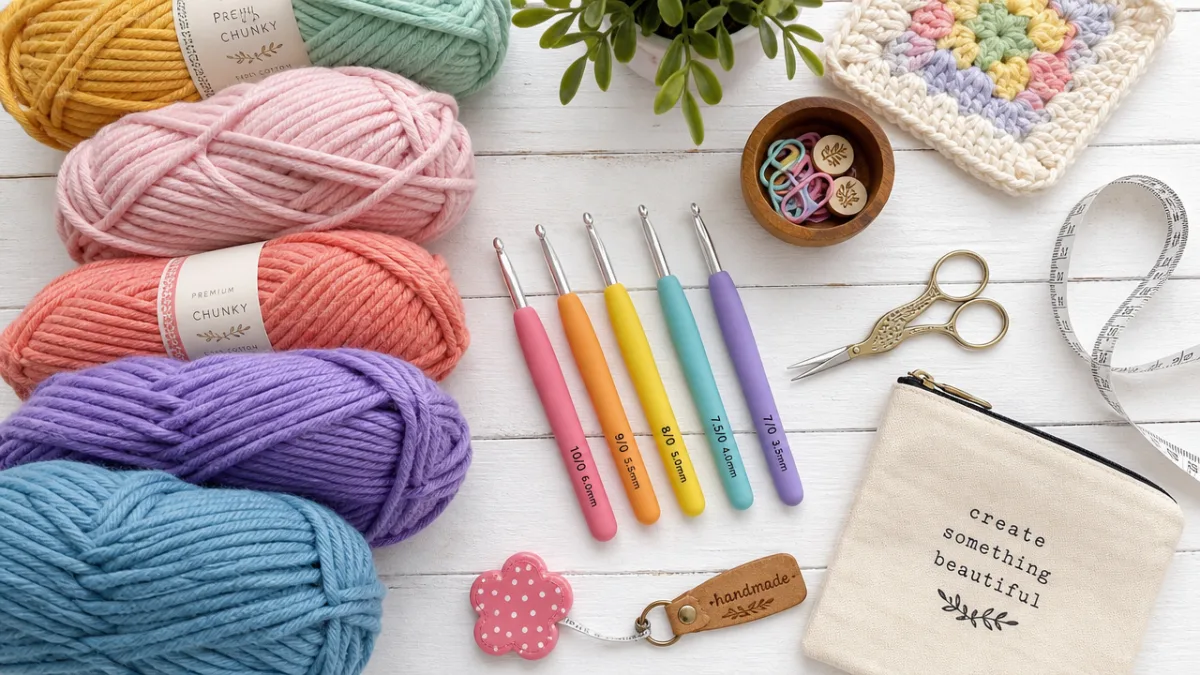 a flat lay of colorful chunky yarn skeins, crochet hooks, and crafting…