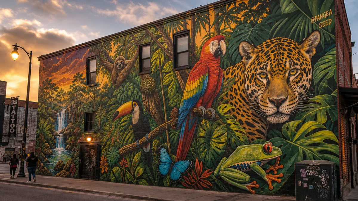 a vibrant urban mural of lush rainforest wildlife covering a city building…