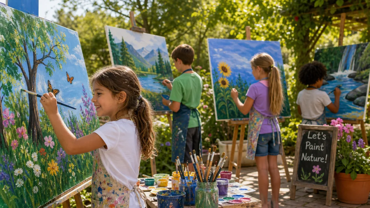a group of children painting large nature-themed canvases outdoors in a sunlit…