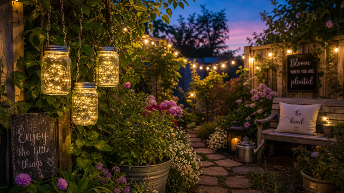 a charming garden vignette with mason jar lanterns, fairy lights, and lush…