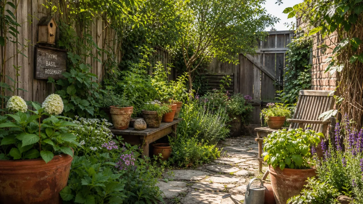 a lush small rustic garden with layered plants, aged terracotta, and reclaimed…