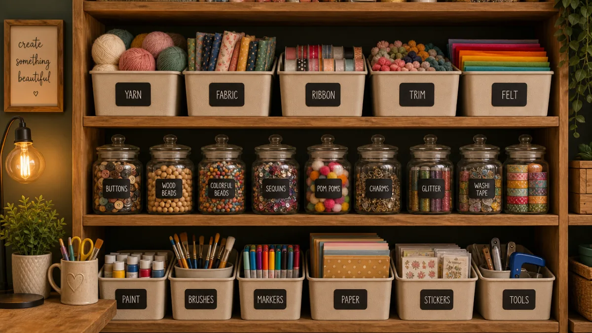neatly labeled storage bins and jars filled with craft supplies on wooden…