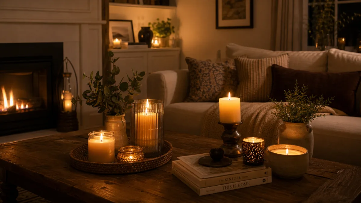 a cozy living room scene with various lit candles on a wooden…