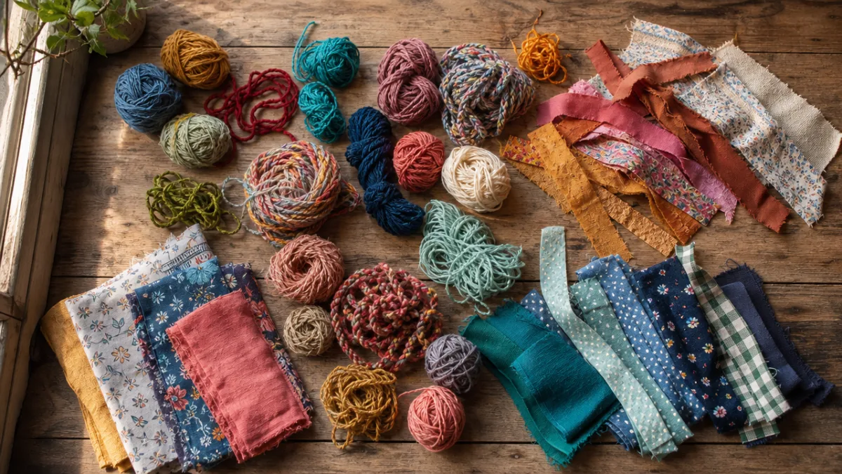 a flat lay of colorful yarn remnants and fabric strips arranged on…