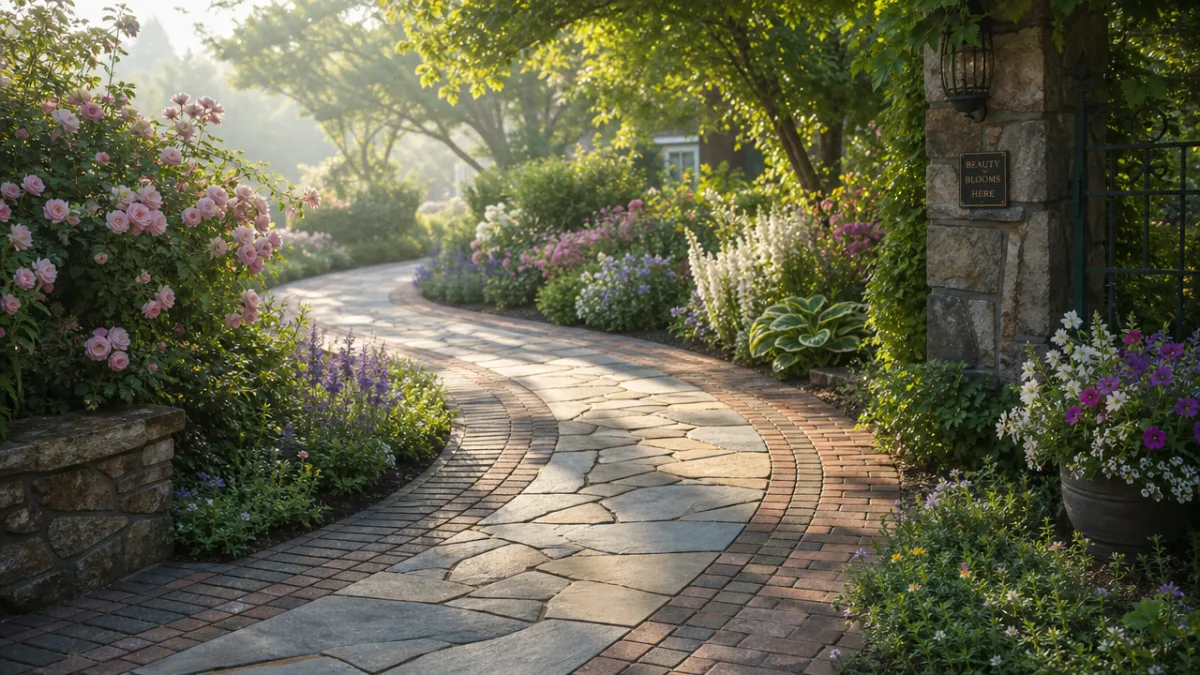 a charming curved garden walkway with mixed paving materials bordered by flowering…