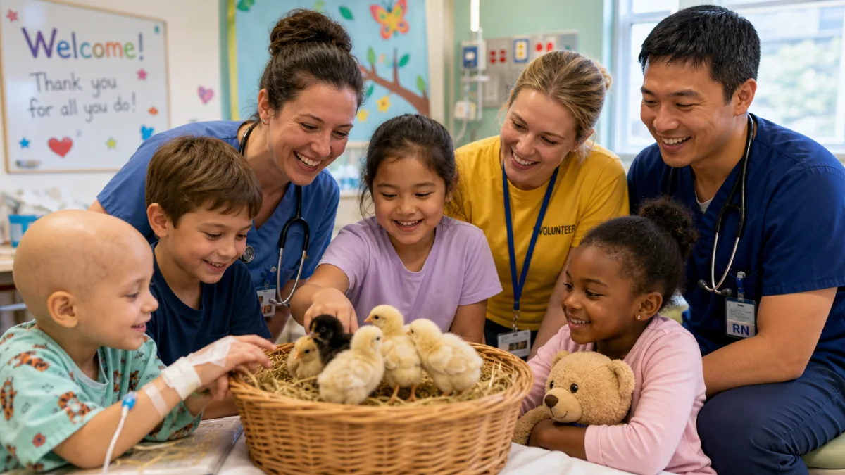 a group of hospital staff and volunteers with children gathered around a…