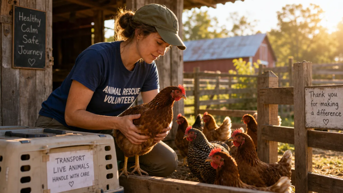 a determined volunteer in a sunny barnyard carefully selecting healthy calm chickens…