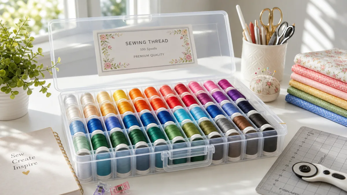a neatly organized colorful sewing thread box set on a white craft…