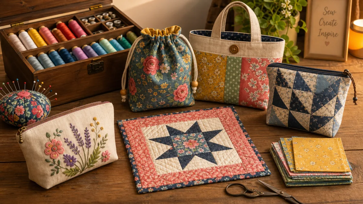 a variety of colorful sewing projects arranged on a wooden table alongside…