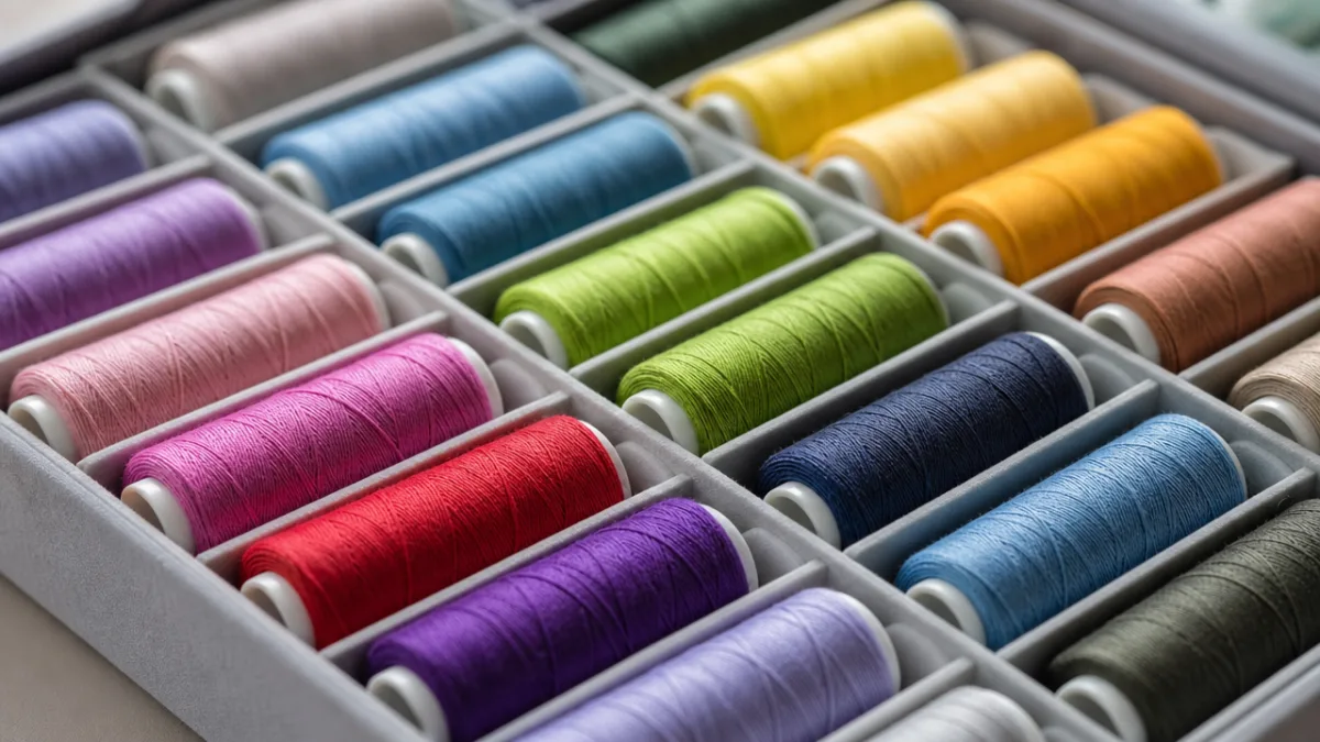 close-up of colorful polyester thread spools arranged in rows inside an organized…