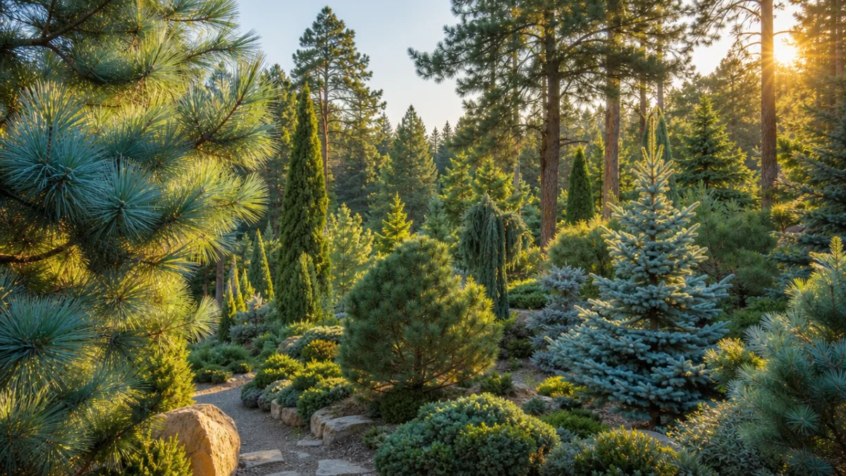 a lush pinetum landscape with diverse conifer shapes and textures, soft golden…