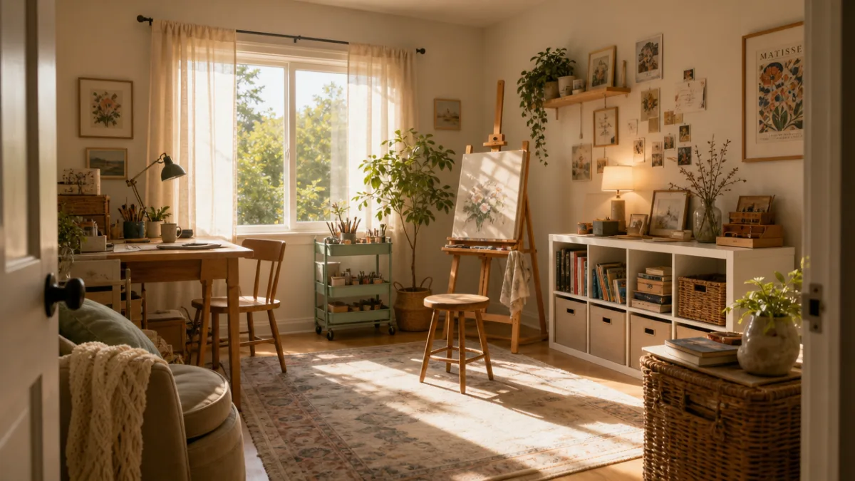 a sunlit spare bedroom converted into a cozy creative hobby room, warm…