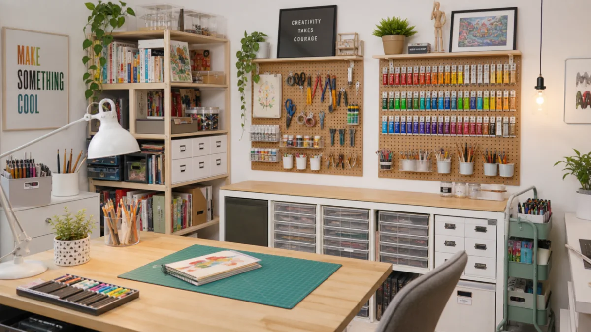 an organized hobby studio with pegboards, open shelves, and colorful art supplies,…