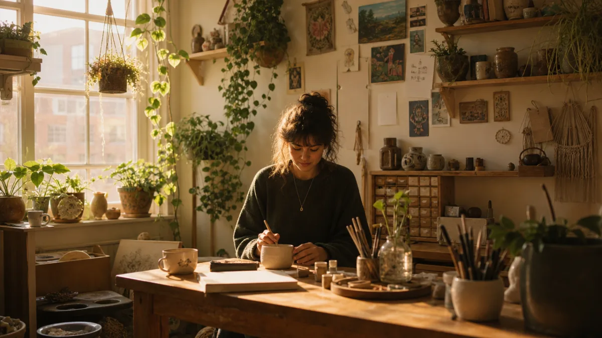 a person sitting peacefully in a softly lit personal hobby studio surrounded…