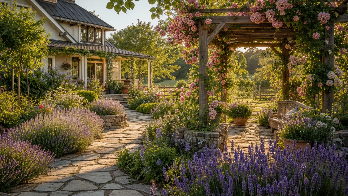 a wide-angle view of a lush farmhouse garden with stone pathways, lavender…