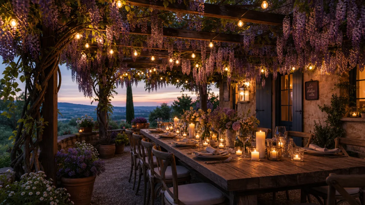 a cozy outdoor dining area under a wisteria-draped pergola with a long…