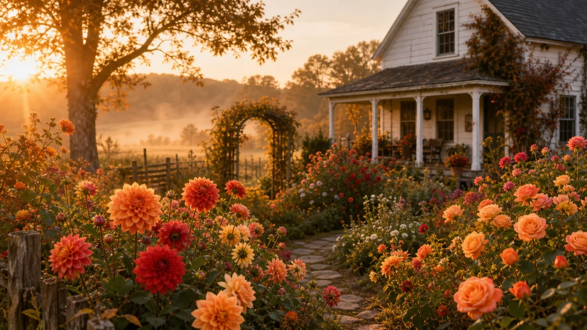 a farmhouse garden in full autumn bloom, dahlias and roses glowing in…