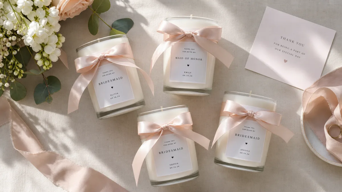 a flat lay of elegant white and blush bridesmaid candles tied with…