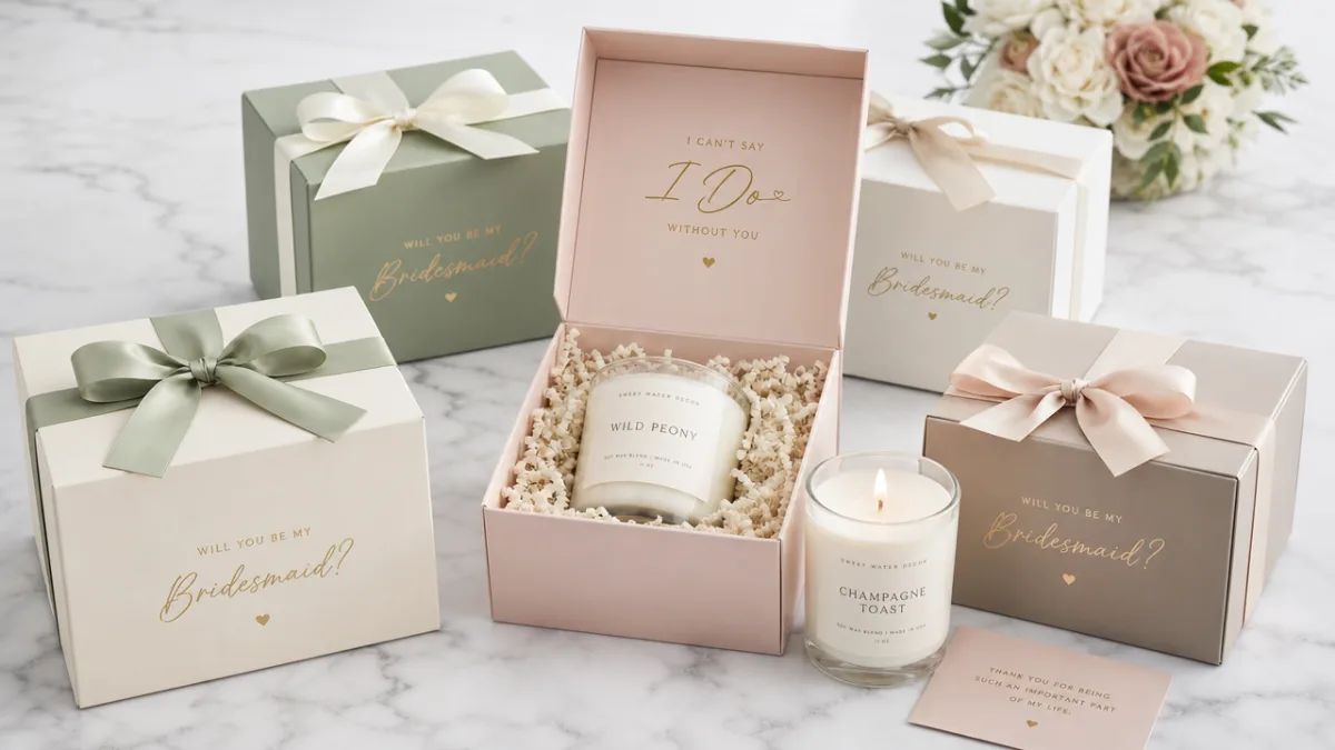 a collection of luxury bridesmaid candle gift boxes arranged on a white…