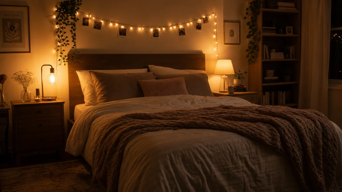 a cozy bedroom at night with warm amber bedside lamp glow, soft…