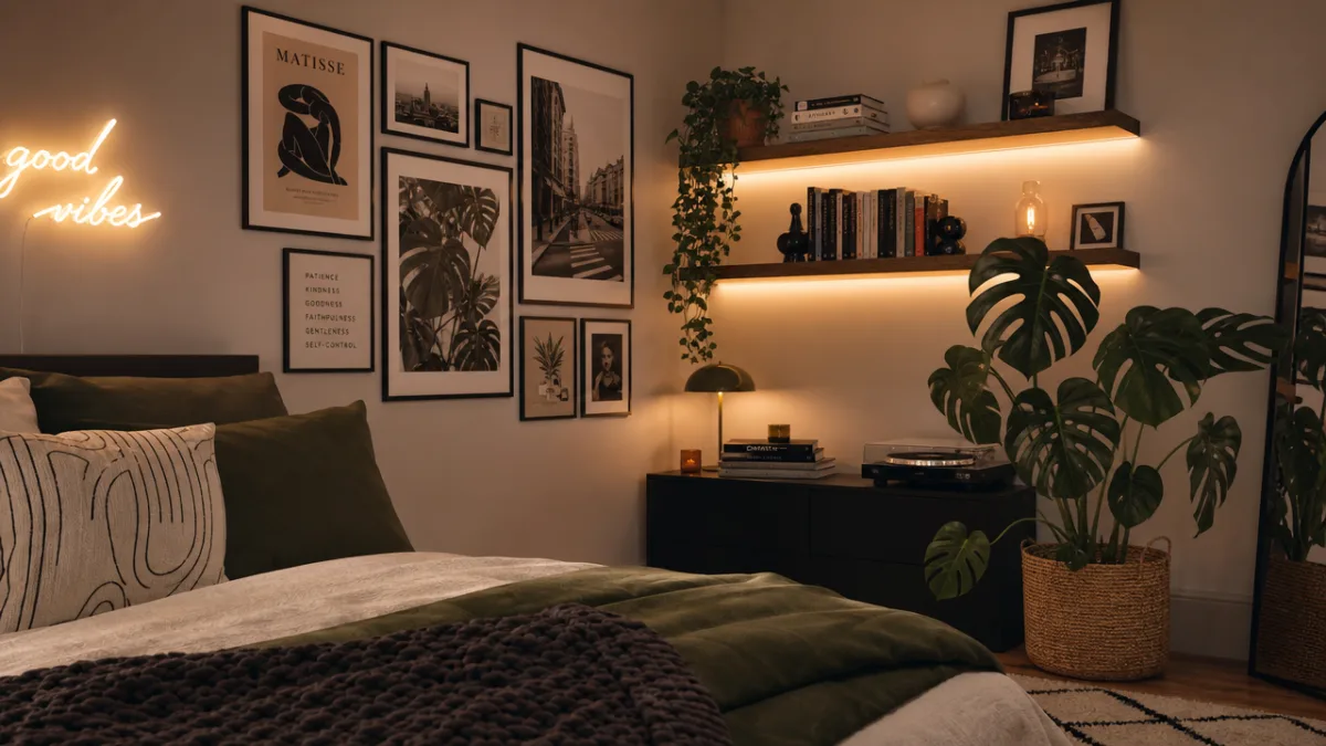 a stylishly personalized bedroom corner with gallery wall, potted monstera plant, and…