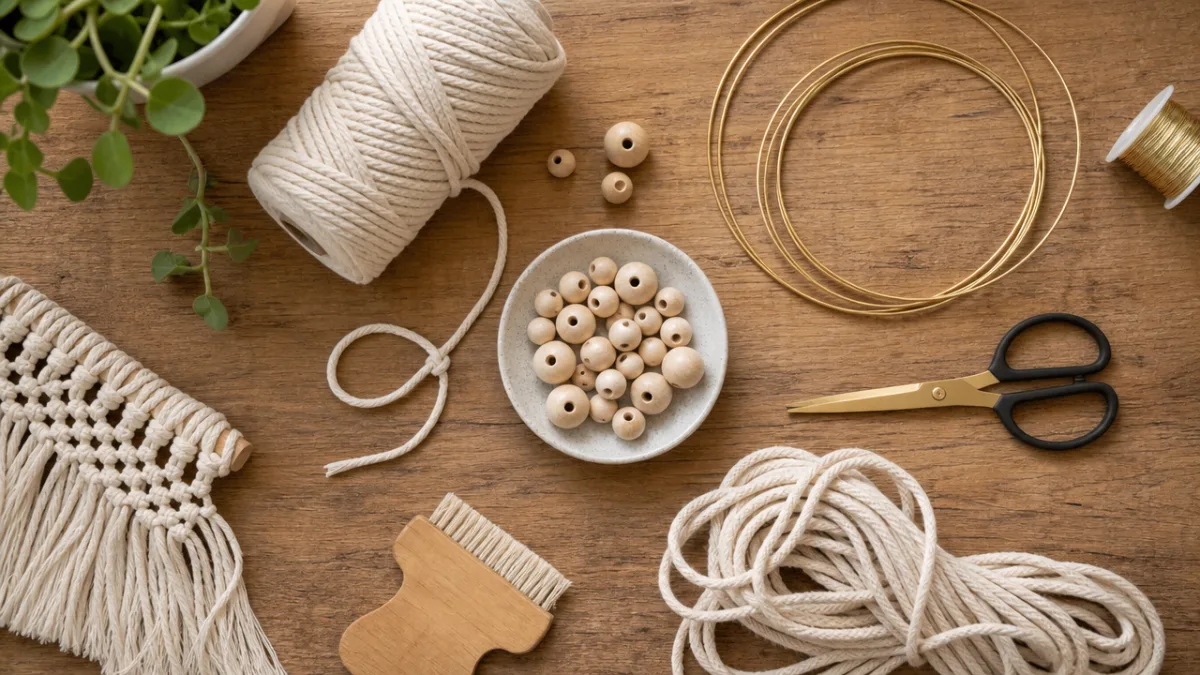 a flat lay of craft supplies including macramé cord, wooden beads, scissors,…