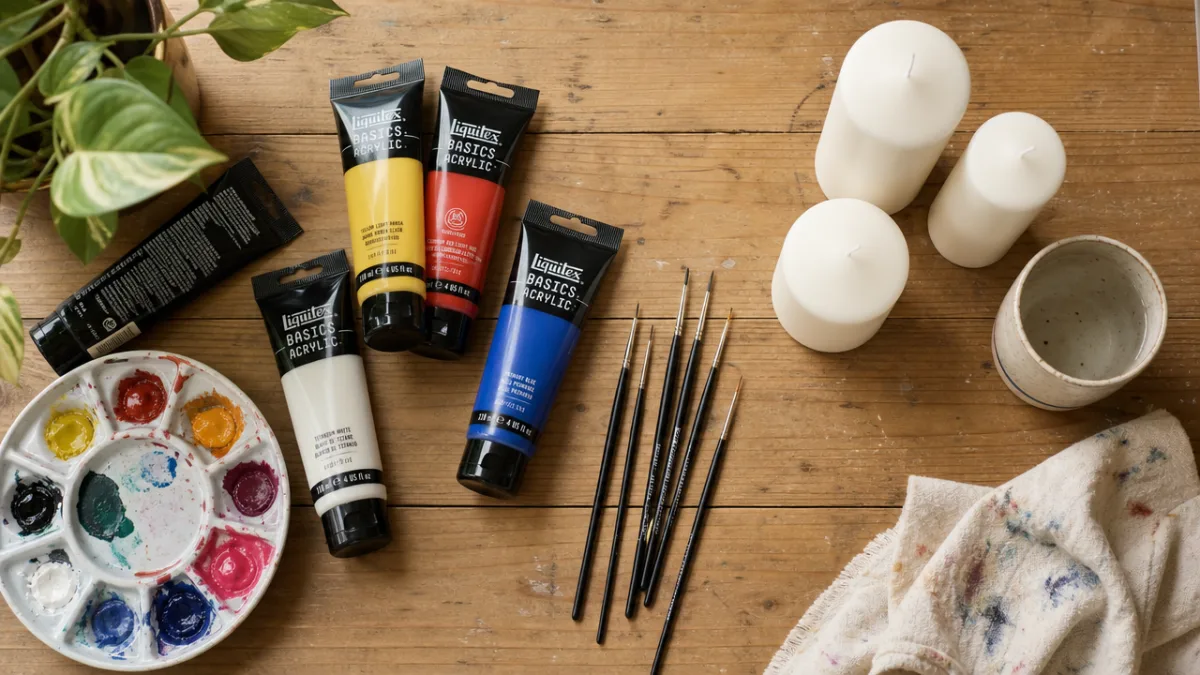 a flat lay of painting supplies including colorful acrylic paints, fine brushes,…