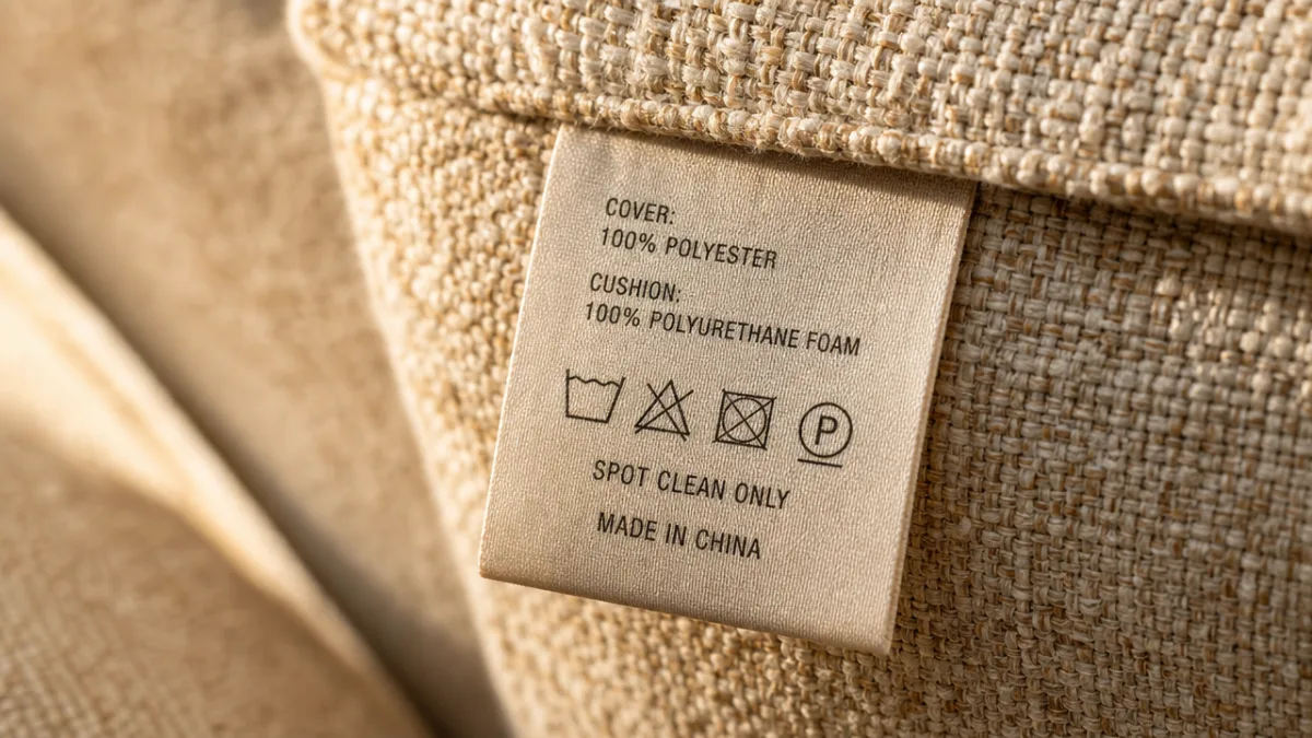 a close-up of a couch fabric tag with cleaning codes, warm natural…