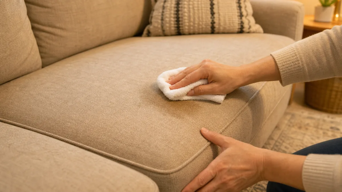 hands blotting a beige couch cushion with a white cloth, warm indoor…
