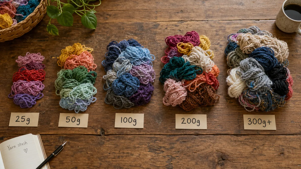 a flat lay of colorful yarn scraps sorted by weight on a…