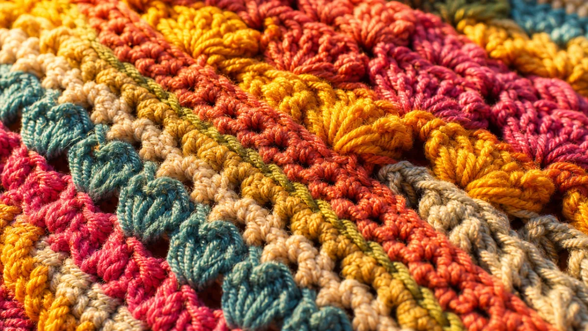 close-up of colorful crocheted fabric with multiple yarn color changes in warm…