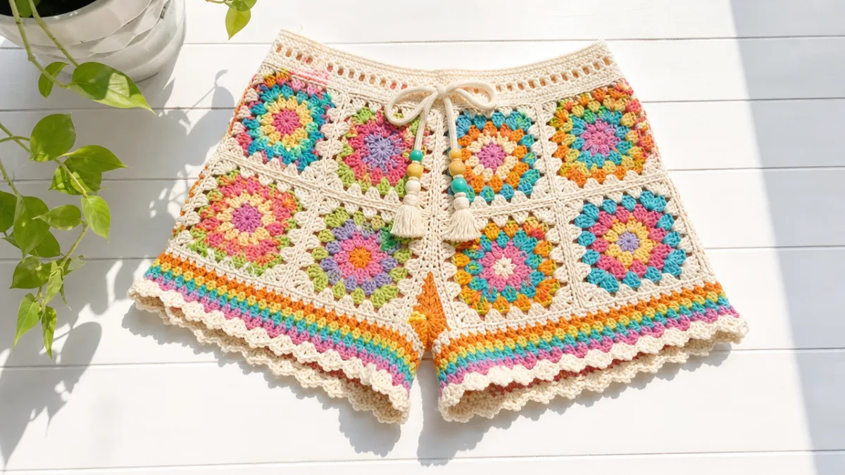 finished colorful crochet shorts laid flat on a sunny white surface, bright…