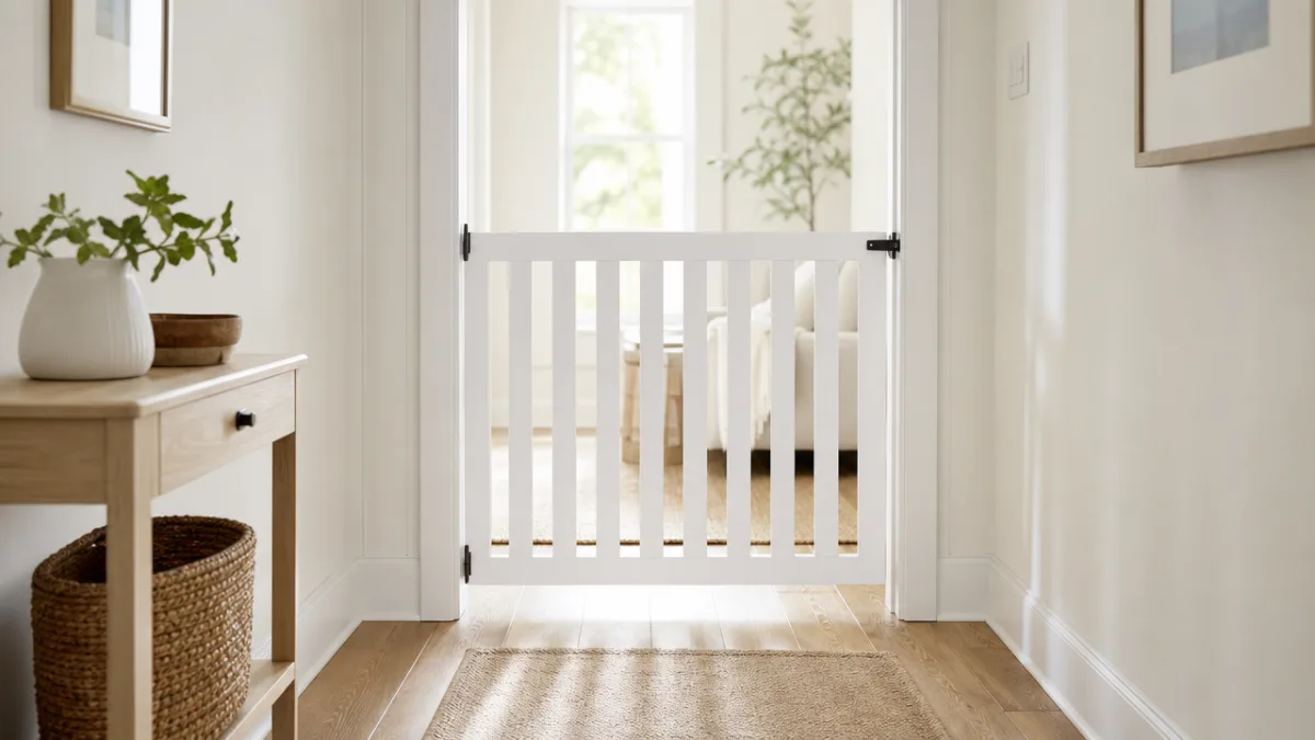 a bright airy hallway with a freshly painted white wooden slat gate…