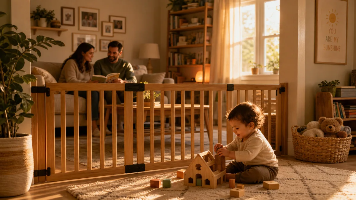 a cozy family living room with a toddler playing safely on one…