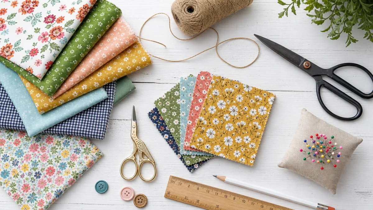 a flat lay of colorful fabric swatches, scissors, twine, and crafting tools…