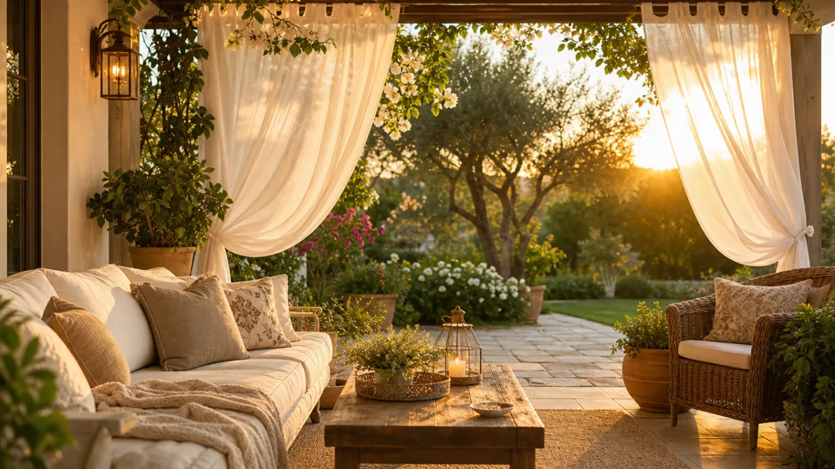 a cozy patio with white outdoor curtains billowing gently, warm golden hour…