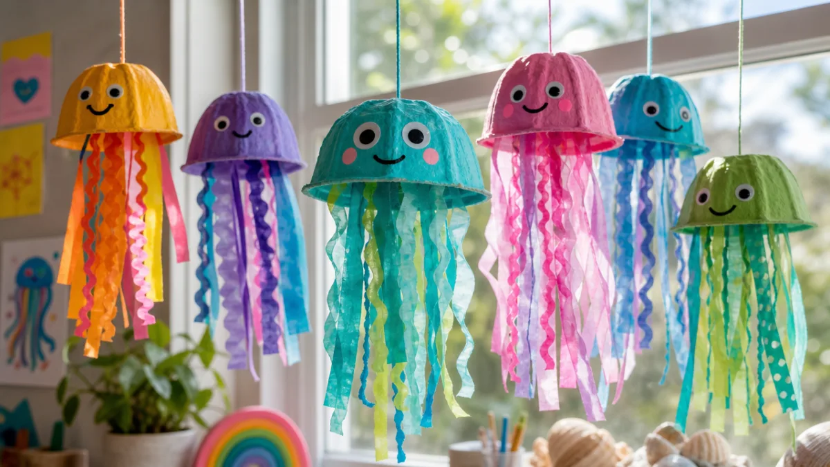 colorful egg carton jellyfish crafts hanging near a bright window, soft natural…
