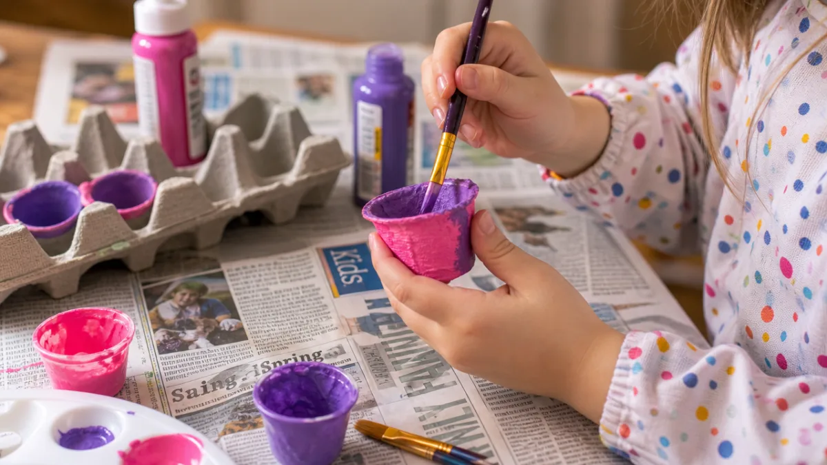 child's hands carefully painting a small egg carton cup in bright pink…