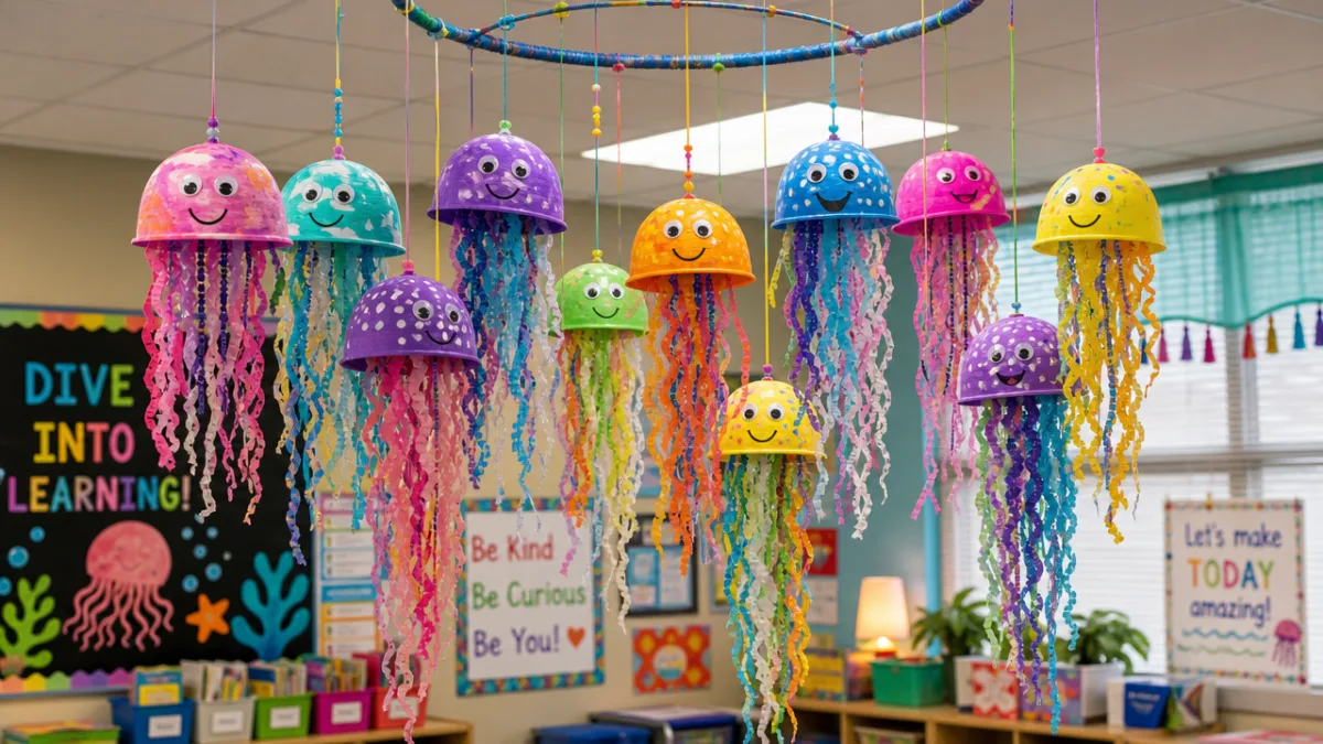 colorful completed jellyfish crafts hanging as a mobile display in a classroom,…