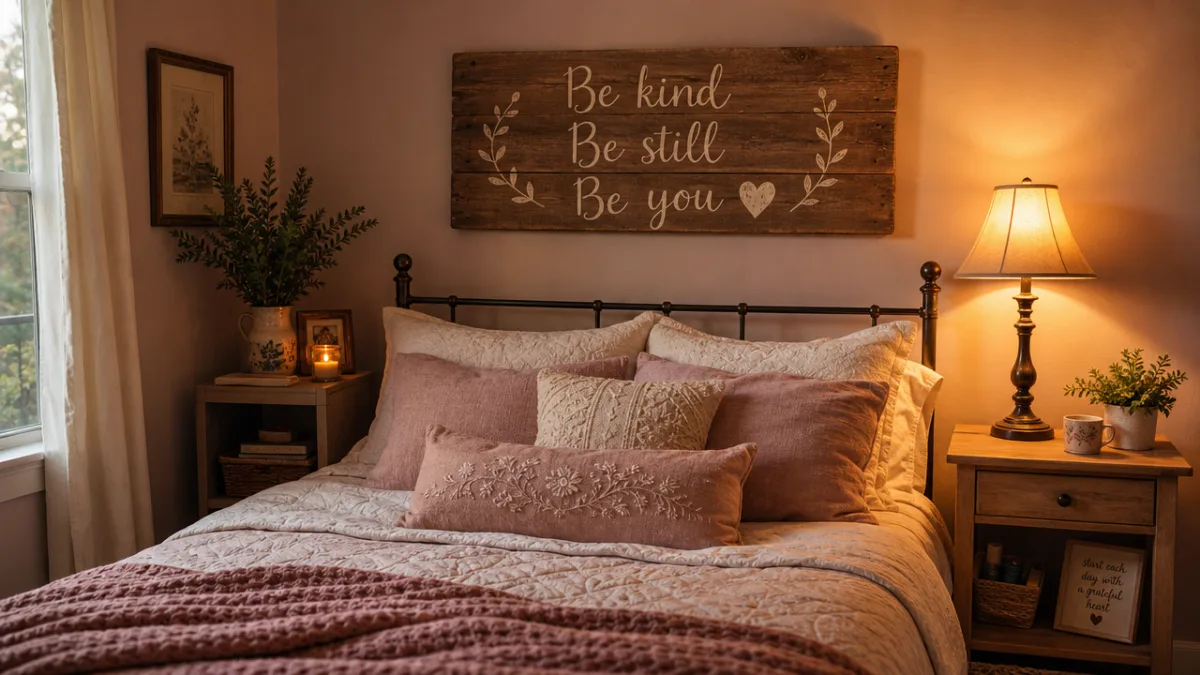 a cozy bedroom with a handmade wooden sign above the bed, warm…