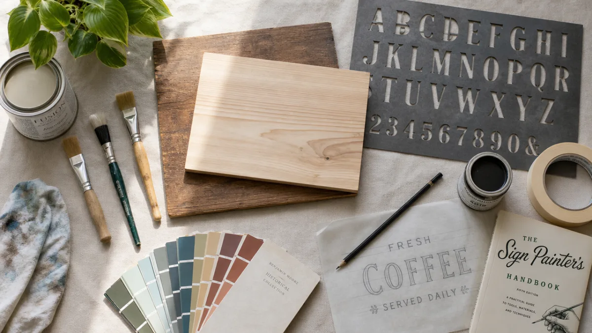 a flat lay of sign-making materials including wooden boards, paint brushes, stencils,…