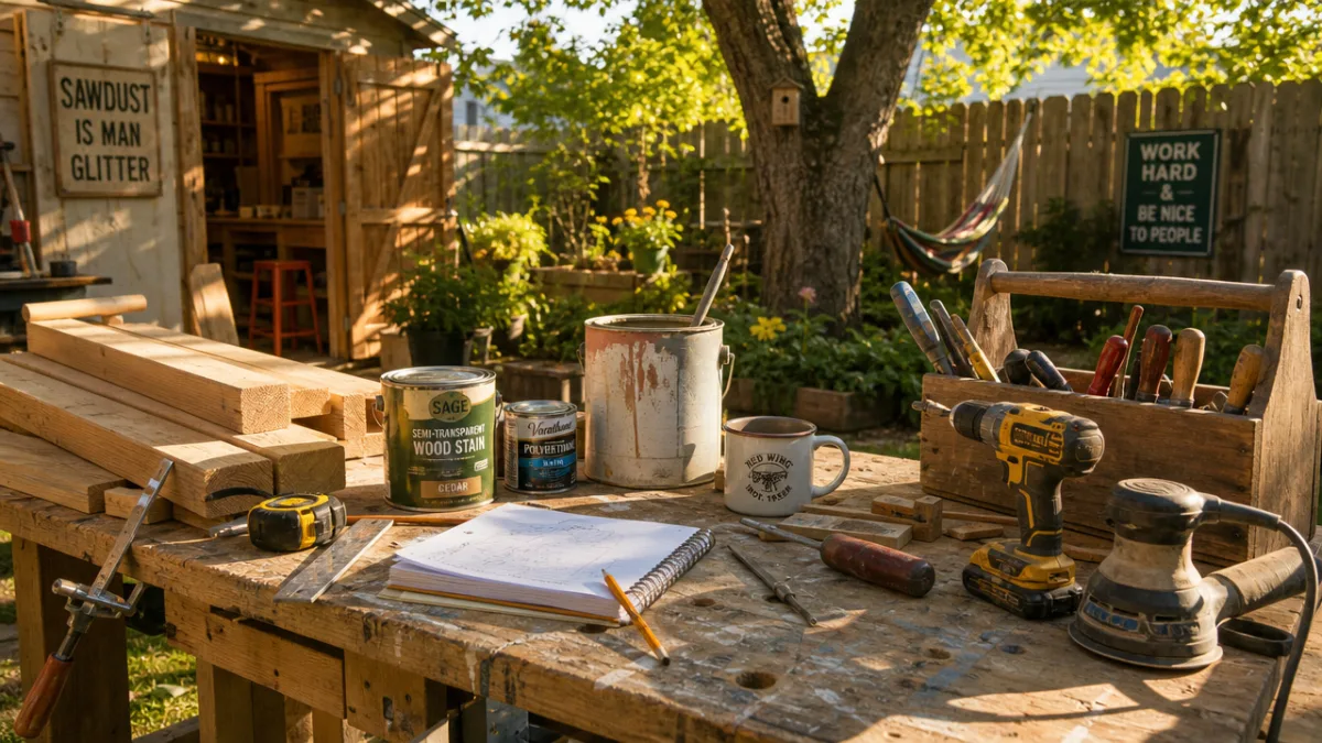 a sunny backyard workshop table covered with lumber, paint cans, and woodworking…
