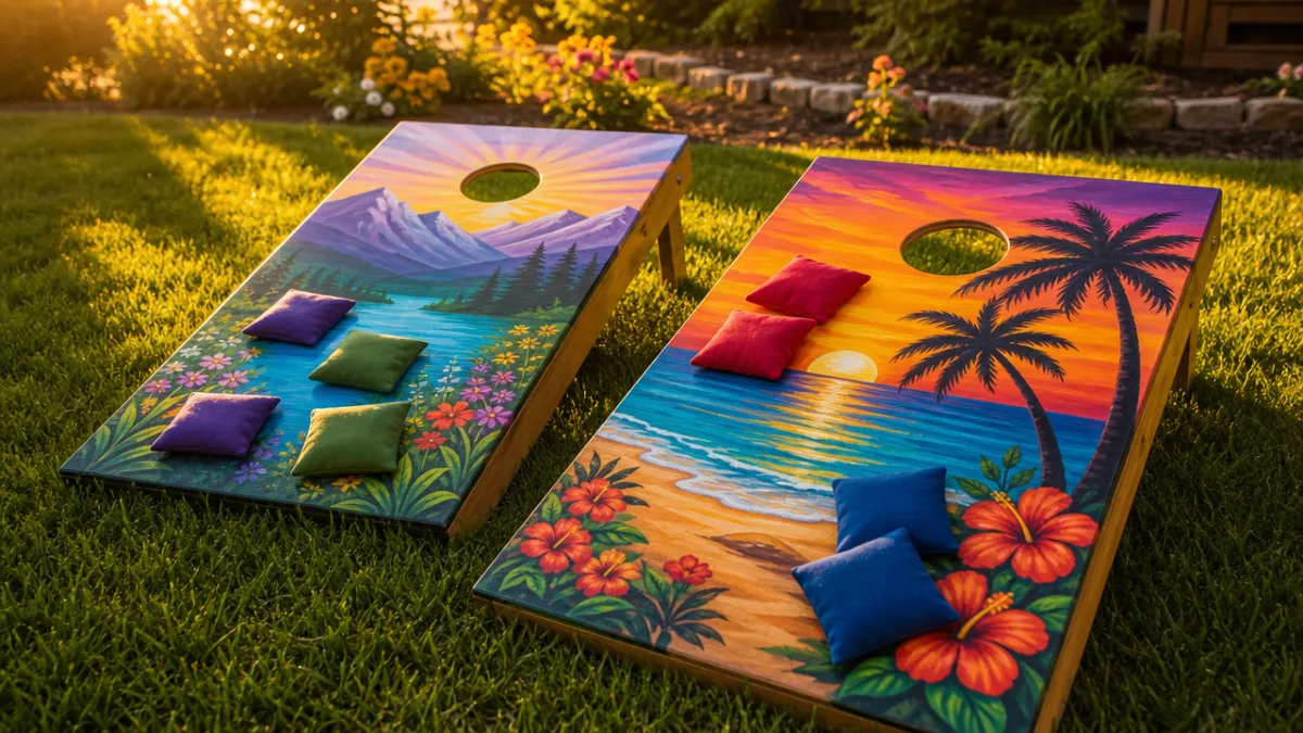 two colorful hand-painted cornhole boards set up on green grass, golden hour…