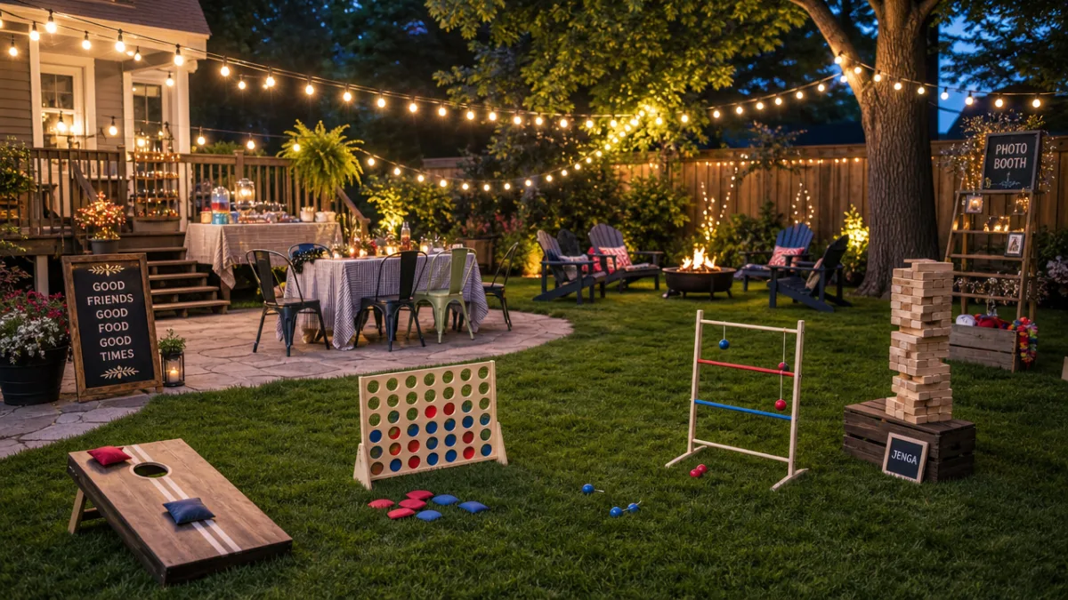 a beautifully arranged backyard party setup with multiple DIY lawn games visible,…
