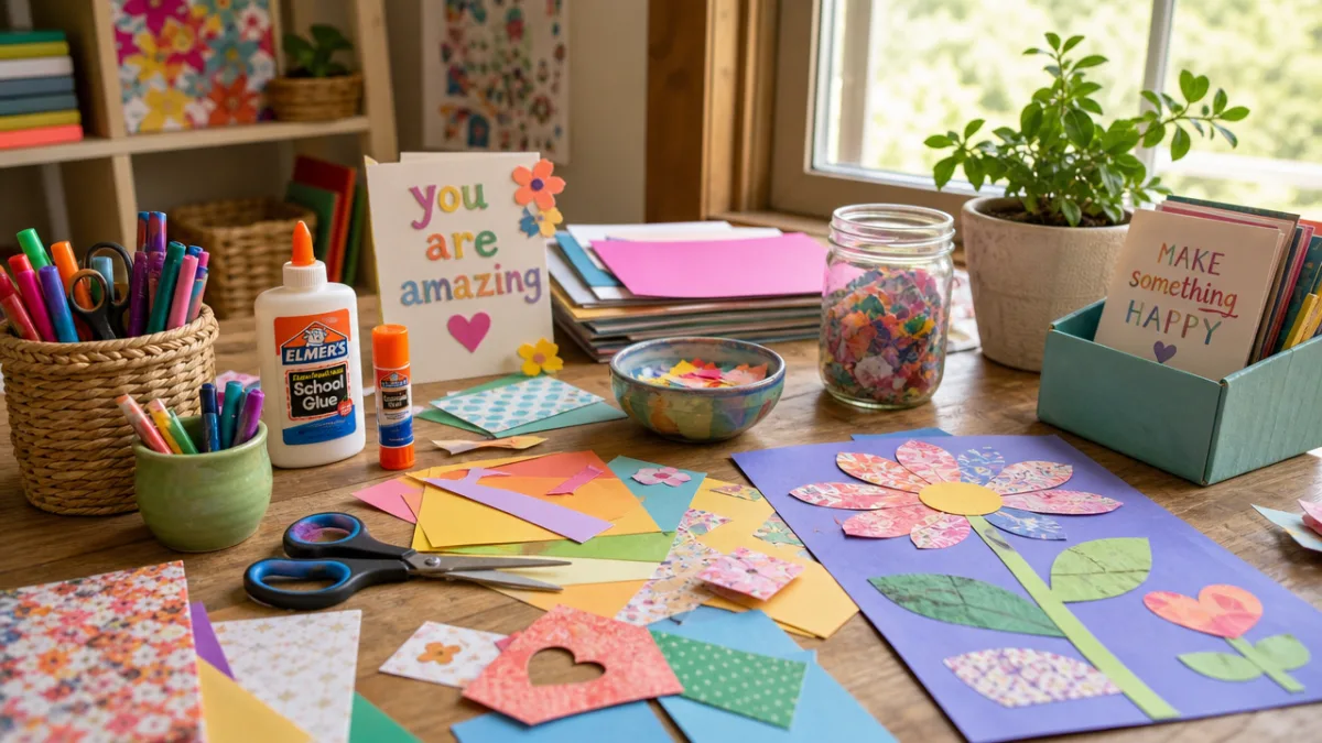 a cheerful craft table covered with colorful paper, scissors, and glue, warm…